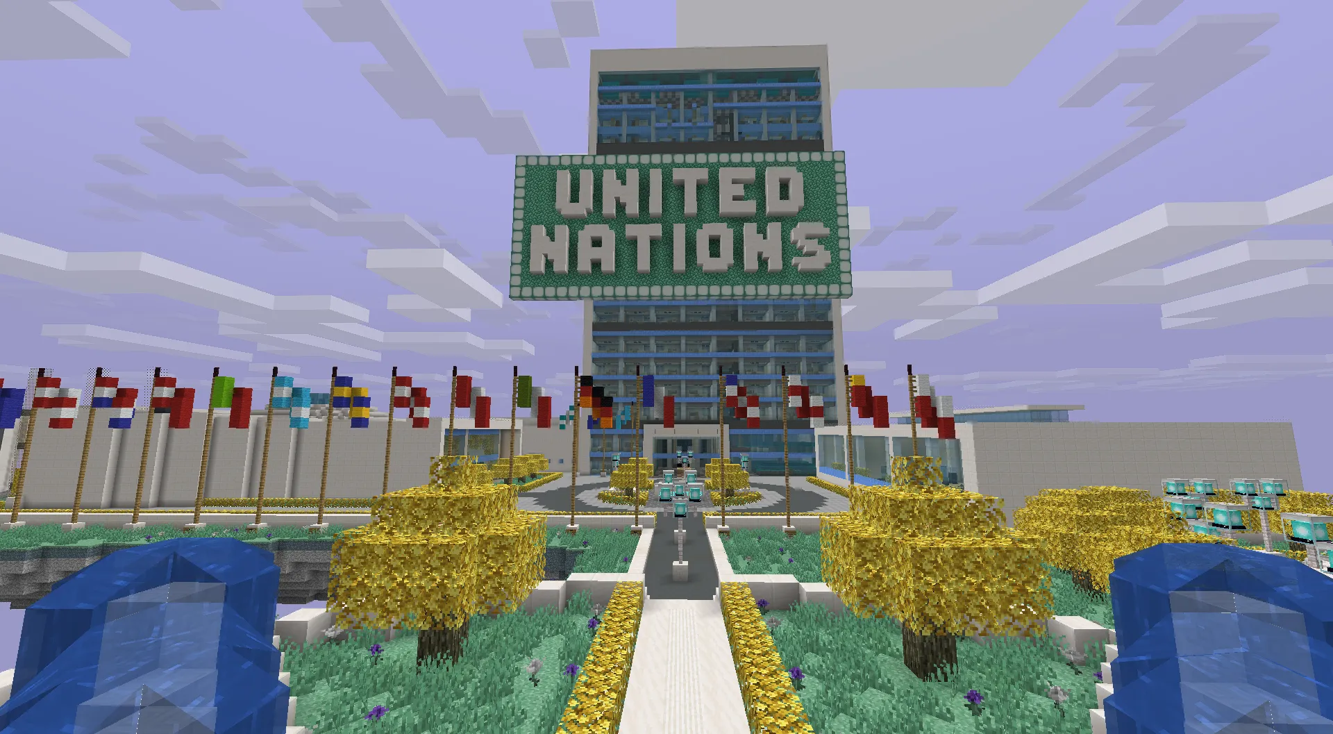 United Nations headquarters in Grand Civitas, a Minecraft Towny civilization-building and geopolitics server