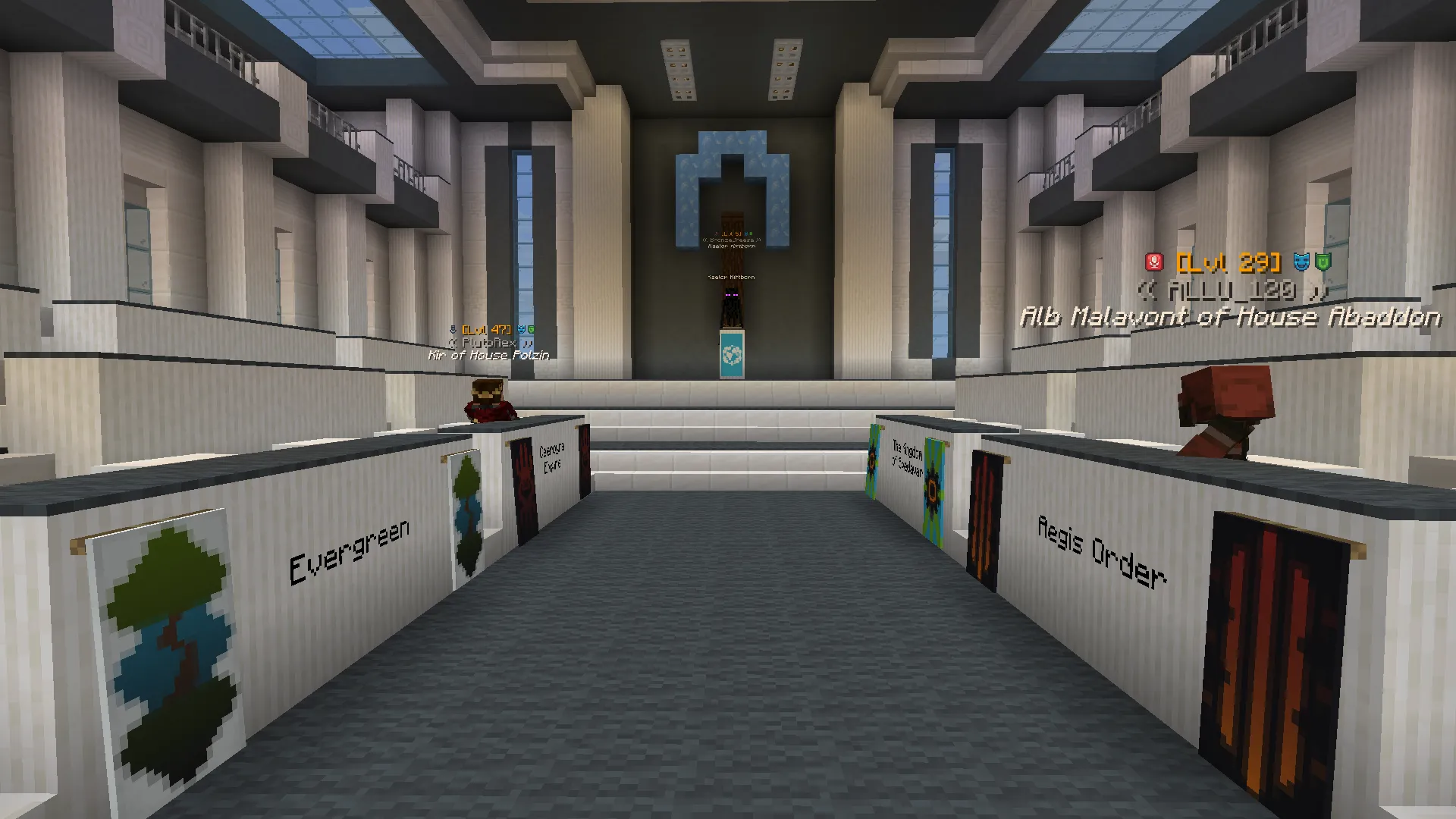 United Nations assembly chamber where player nations vote on geopolitics in the Grand Civitas Minecraft Towny server